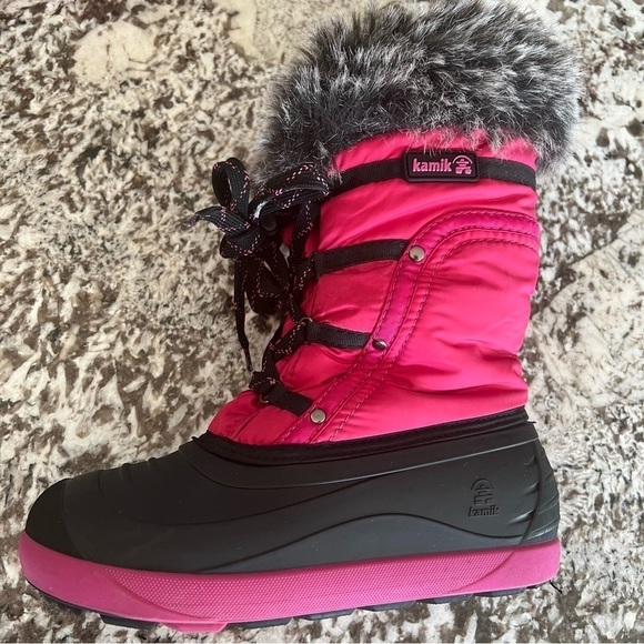 Kamik Youth Sz 4 Snow Boots Pink And Black With Faux Fur Edge Fleece Line - Picture 5 of 14